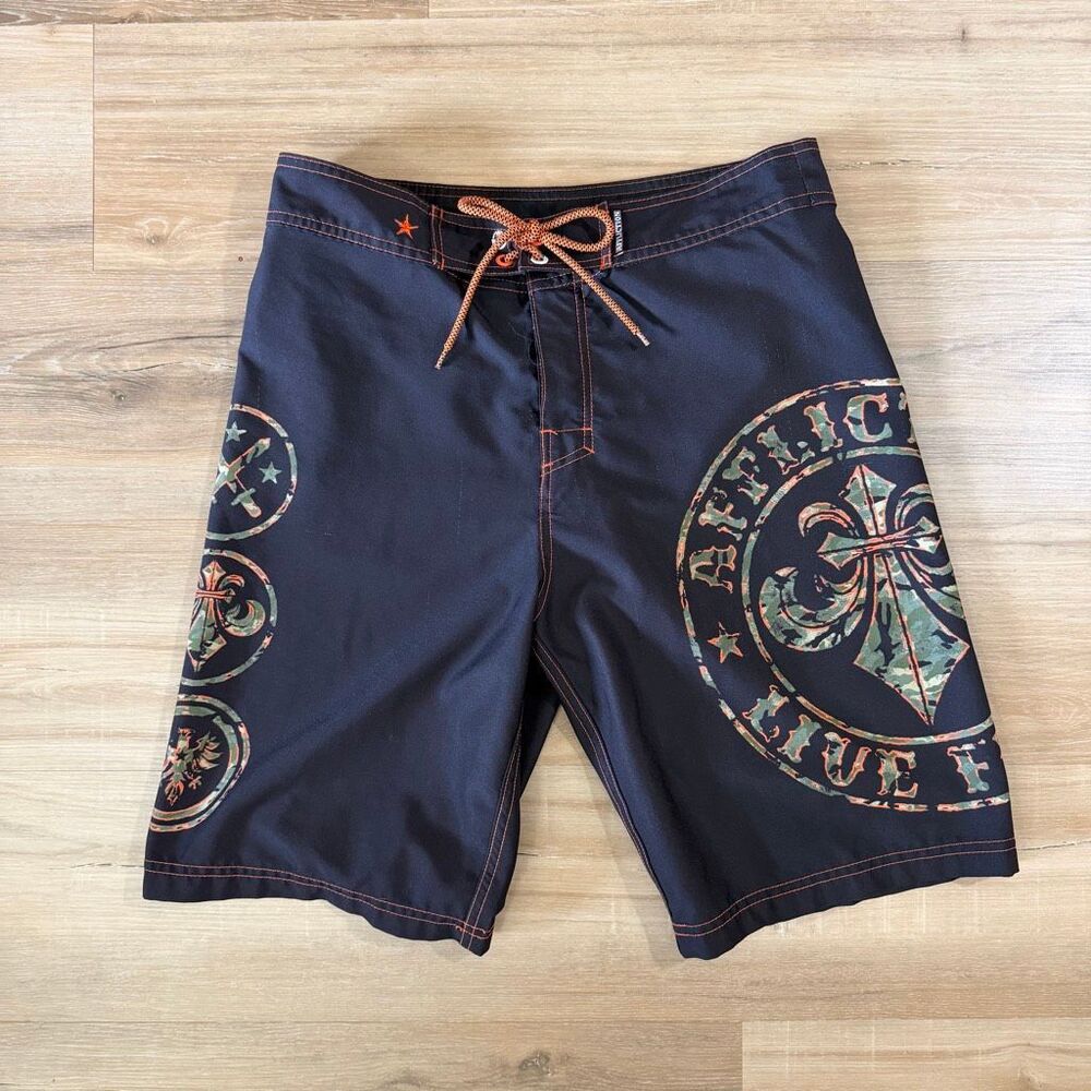 Y2K Affliction Live Fast Black Board Shorts Sz 30 MMA Swim Trunks Indie Sleaze